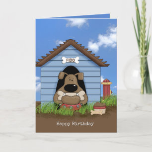 Carte bulldog dans la maison de chien pour anniversaire