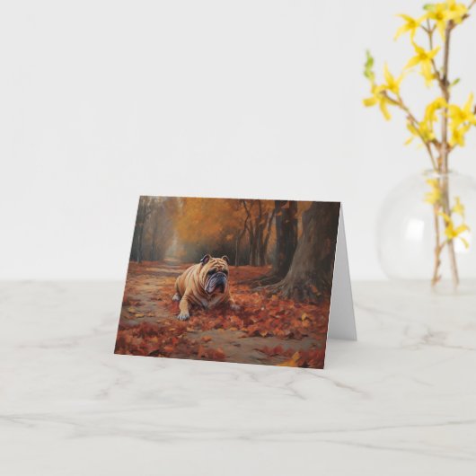 Carte Bulldog en automne Feuilles automne Inspire (Fleur jaune)