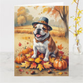 Carte Bulldog En Automne Laisse L'Art Thanksgiving (Fleur jaune)