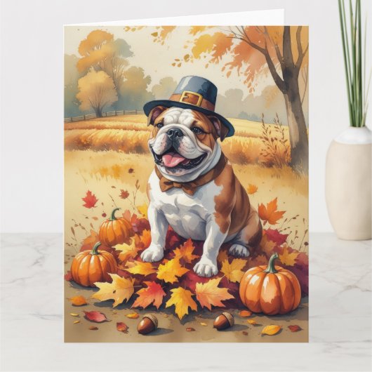 Carte Bulldog En Automne Laisse L'Art Thanksgiving (Devant)