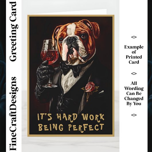 Carte Bulldog en smoking & noeud papillon & vin CR8 Nom 