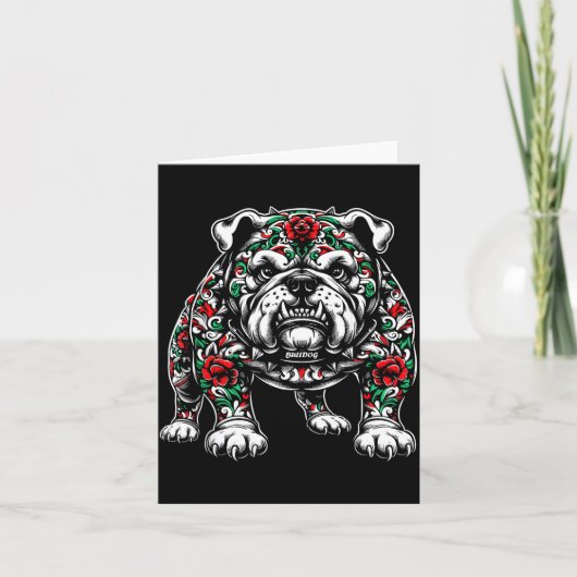 Carte Bulldog Floral Red Rose Mens Womens  (Devant)