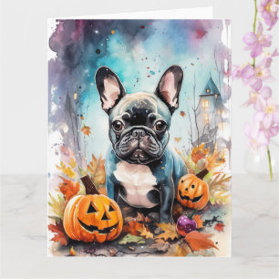 Carte Bulldog français Halloween avec citrouilles effray