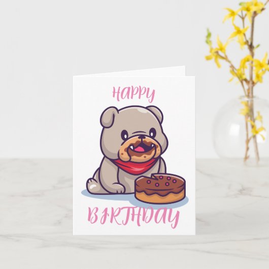 Carte Bulldog Kawaii Joyeux anniversaire (Fleur jaune)
