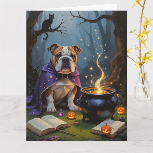 Carte Bulldog Whimsical Halloween peinture (Fleur jaune)