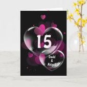 Carte Bulles de cœur pour 15e anniversaire sur fond noir (Fleur jaune)