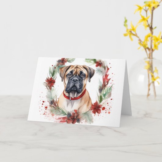 Carte Bullmastiff Noël Wreath Festive Pup (Fleur jaune)