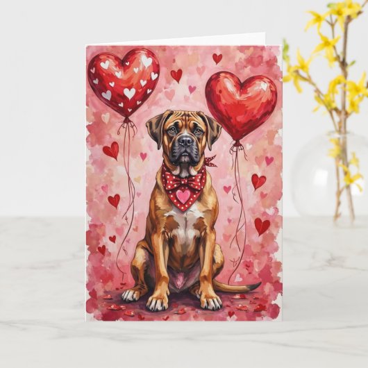 Carte Bullmastiff Valentine’s Day Dog with Hearts Red (Fleur jaune)