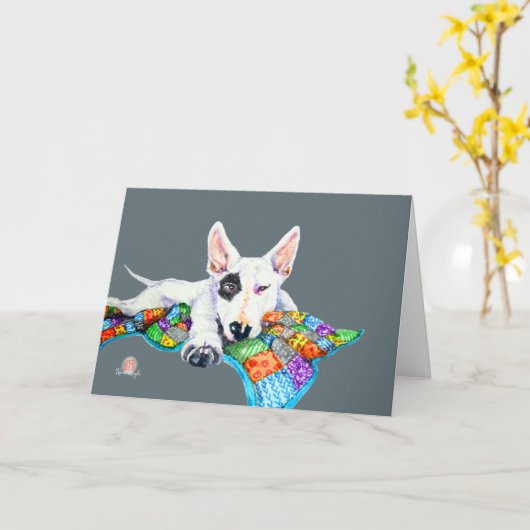 Carte Bullterrier blanc sur Patchwork - Art (Fleur jaune)