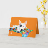 Carte Bullterrier blanc sur Patchwork - Art (Fleur jaune)