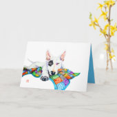 Carte Bullterrier blanc sur Patchwork - Art (Fleur jaune)