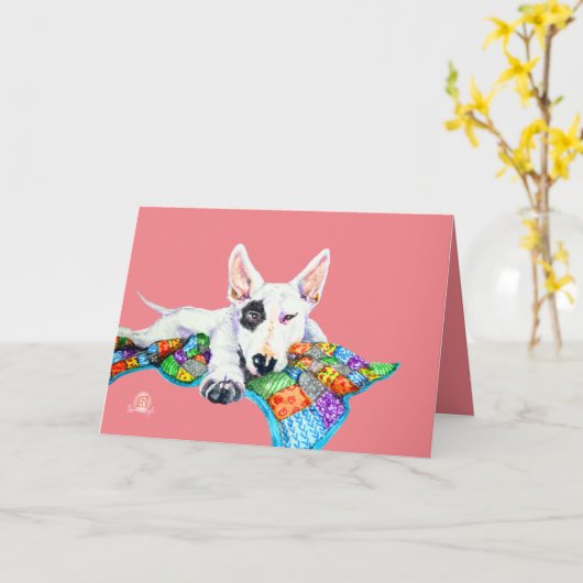 Carte Bullterrier blanc sur Patchwork - Art (Fleur jaune)