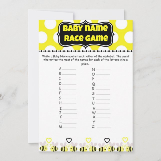 Carte Bumble Bee Baby Name Race - Baby shower Game (Devant)