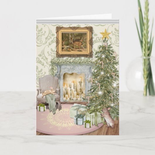 Carte Bunnies Celebrating Christmas Folded Greeting Card (Devant)