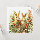 Carte Bunnies d'aquarelle et baies sauvages (Devant/Arrière en situation)