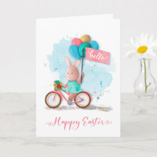 Carte Bunny à Vélo de Pâques avec bannière et ballons