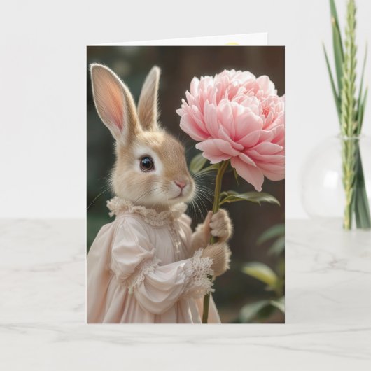 Carte Bunny d'anniversaire tenant une pivoine rose (Devant)