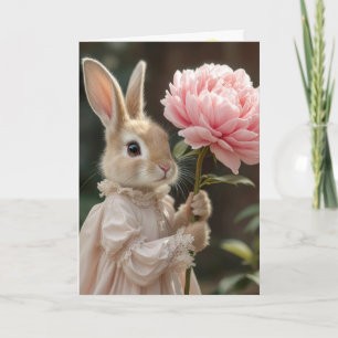 Carte Bunny d'anniversaire tenant une pivoine rose