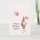 Carte Bunny Heart Balloon Pink Butterflies Birthday (Devant)