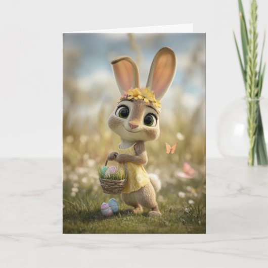 Carte Bunny in Yellow w/ Flower Crown & Easter Basket (Devant)