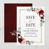 Carte Burgundy Blush Floral moderne Mariage géométrique (Devant / Derrière)
