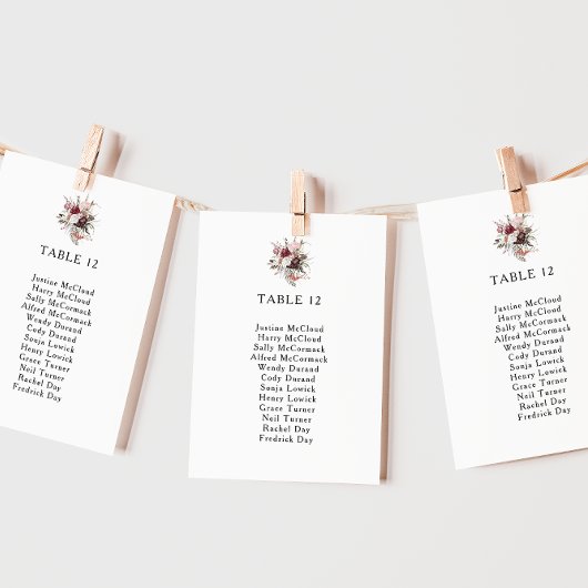 Carte Burgundy Boho Floral Tableau Numéro de siège