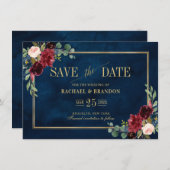 Carte Burgundy Floral Navy Blue Gold Frame Enregistrer l (Devant / Derrière)