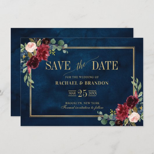 Carte Burgundy Floral Navy Blue Gold Frame Enregistrer l (Devant / Derrière)