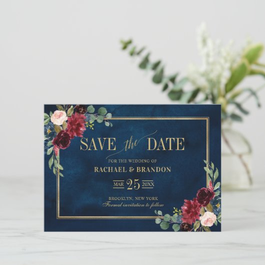 Carte Burgundy Floral Navy Blue Gold Frame Enregistrer l (Debout devant)