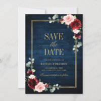 Burgundy Floral Navy Blue Gold Frame Enregistrer l