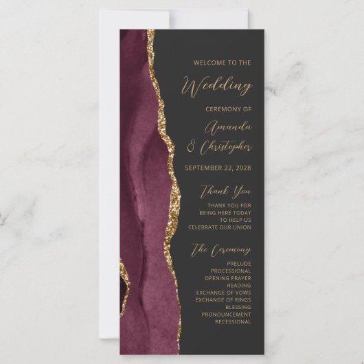 Carte Burgundy Gold Agate Script Dark Wedk Wedding Progr (Devant)