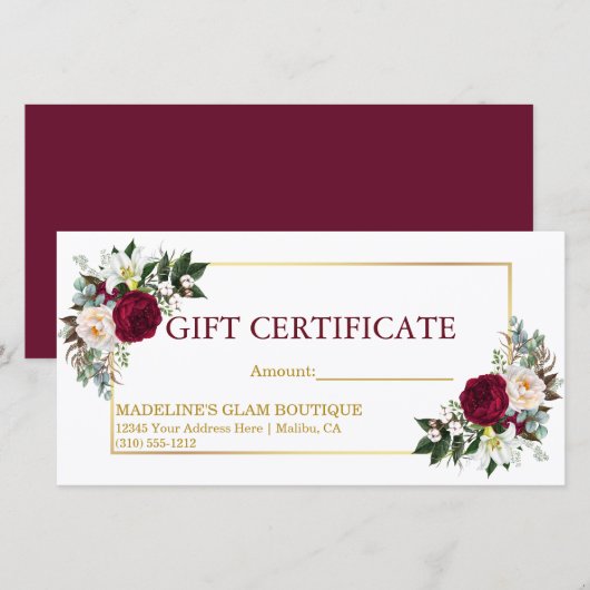 Carte Burgundy Gold Aquarelle Floral Certificat cadeau (Devant / Derrière)