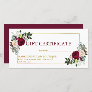 Carte Burgundy Gold Aquarelle Floral Certificat cadeau