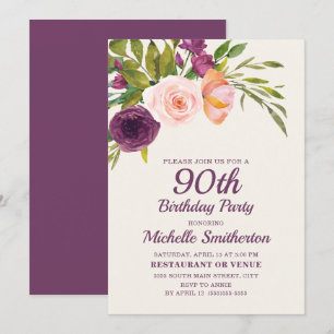 Carte Burgundy Violet Rose Floral 90e Anniversaire