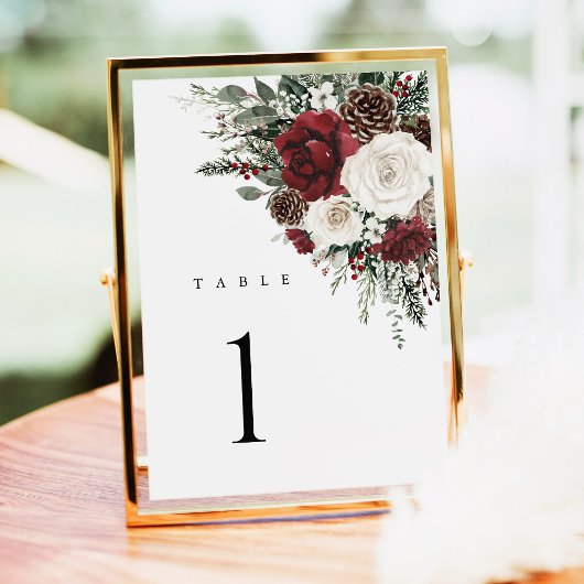 Carte Burgundy Winter Floral Wedding Table Numbers