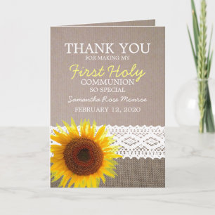 Carte Burlap de tournesol, premier Merci de communion sa