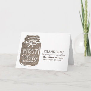 Carte Burlap Mason Jar, premier Merci de communion
