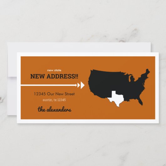 Carte Burnt Orange New State, New Address! Texas Moving (Devant)