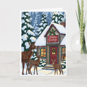 Carte Cabane d'hiver confortable avec famille de cerfs