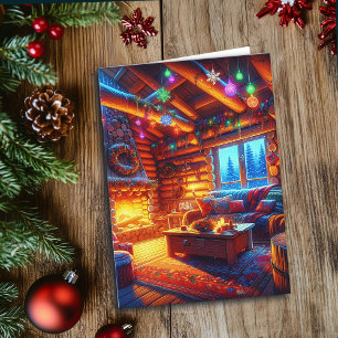 Carte Cabane en rondins décorée la veille de Noël