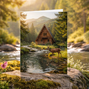 Carte Cabane en rondins, ruisseau et cerf, Joyeux Annive