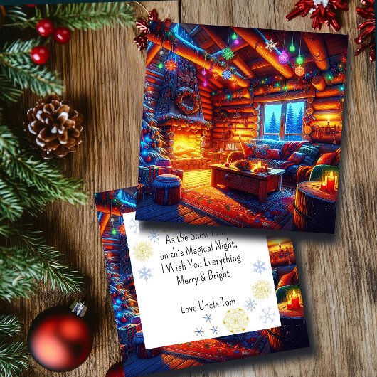 Carte Cabine en bois et cheminée chaude le soir de Noël