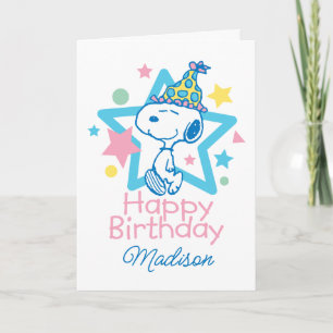 Carte cacahuètes   Bonne Anniversaire Snoopy Stars