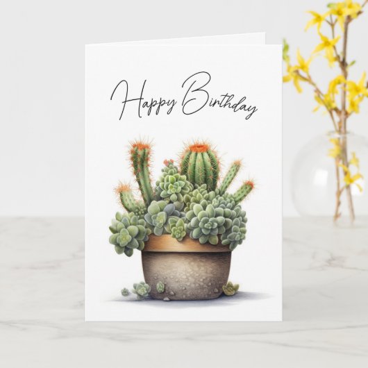 Carte Cactus d'anniversaire Plantes en Pot (Fleur jaune)
