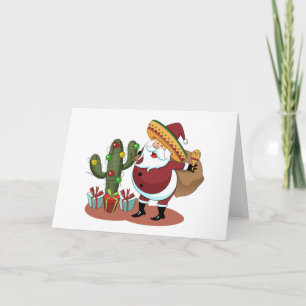 Carte Cactus de dessin animé et Père Noël portant un som