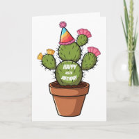 cactus de poire en pot portant casquette d'anniver