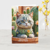 Carte Cactus et Tabby Cat Anniversaire (Fleur jaune)