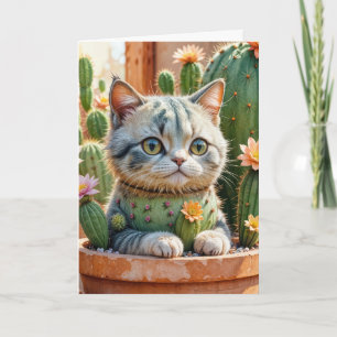 Carte Cactus et Tabby Cat Anniversaire