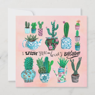 Carte Cactus mignon rose et vert anniversaire d'amateur