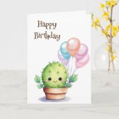Carte Cactus mignons avec ballons d'anniversaire (Fleur jaune)